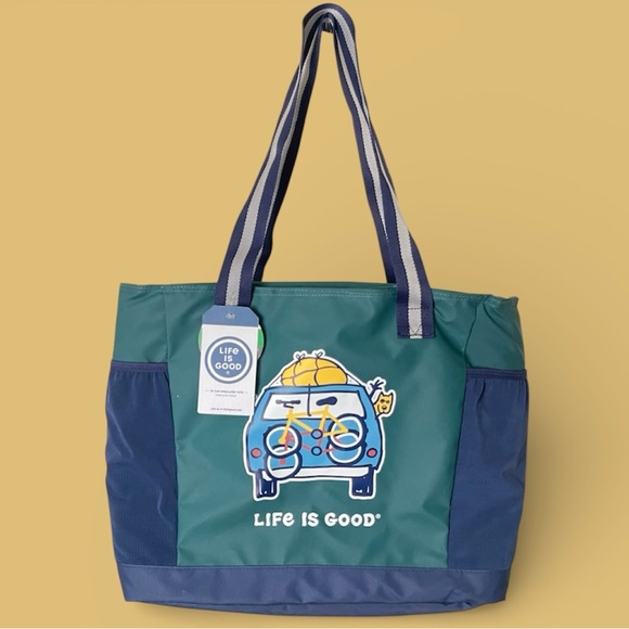 Life Is Good Handbags - Life Is Good Blue and Green Tote with Fun Graphic